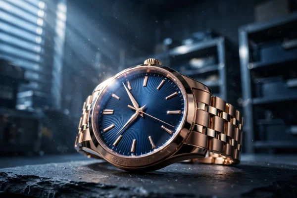 Reloj de lujo de oro con esfera azul sobre pizarra negra en una cámara de pruebas, con luz fría de amanecer