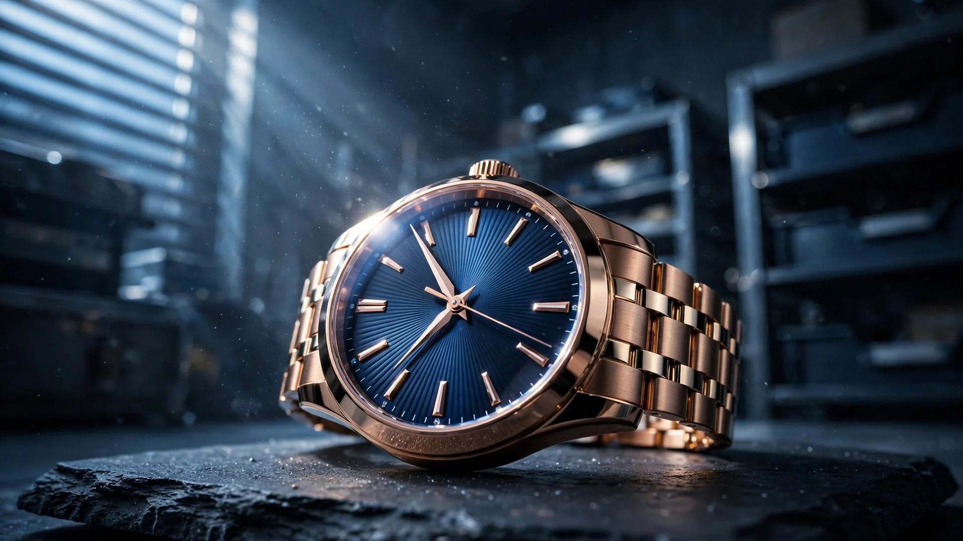 Reloj de lujo de oro con esfera azul sobre pizarra negra en una cámara de pruebas, con luz fría de amanecer