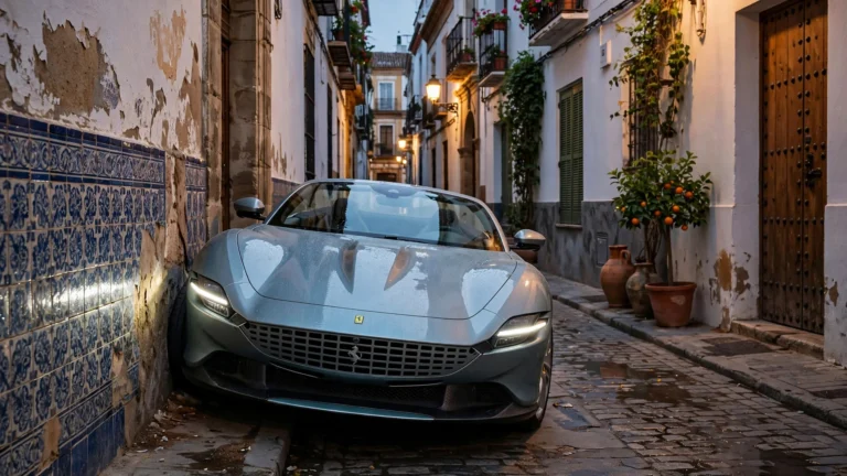 Un Ferrari Roma Spider atascado en una calle histórica de Sevilla