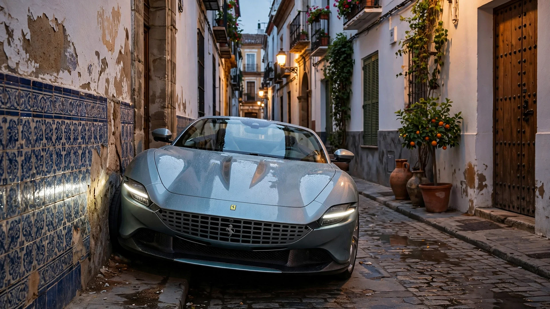 Un Ferrari Roma Spider atascado en una calle histórica de Sevilla
