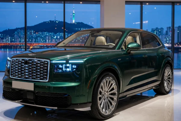 SUV eléctrico Bentley Torcal S verde oscuro expuesto en un salón de Seúl al atardecer, visto desde abajo