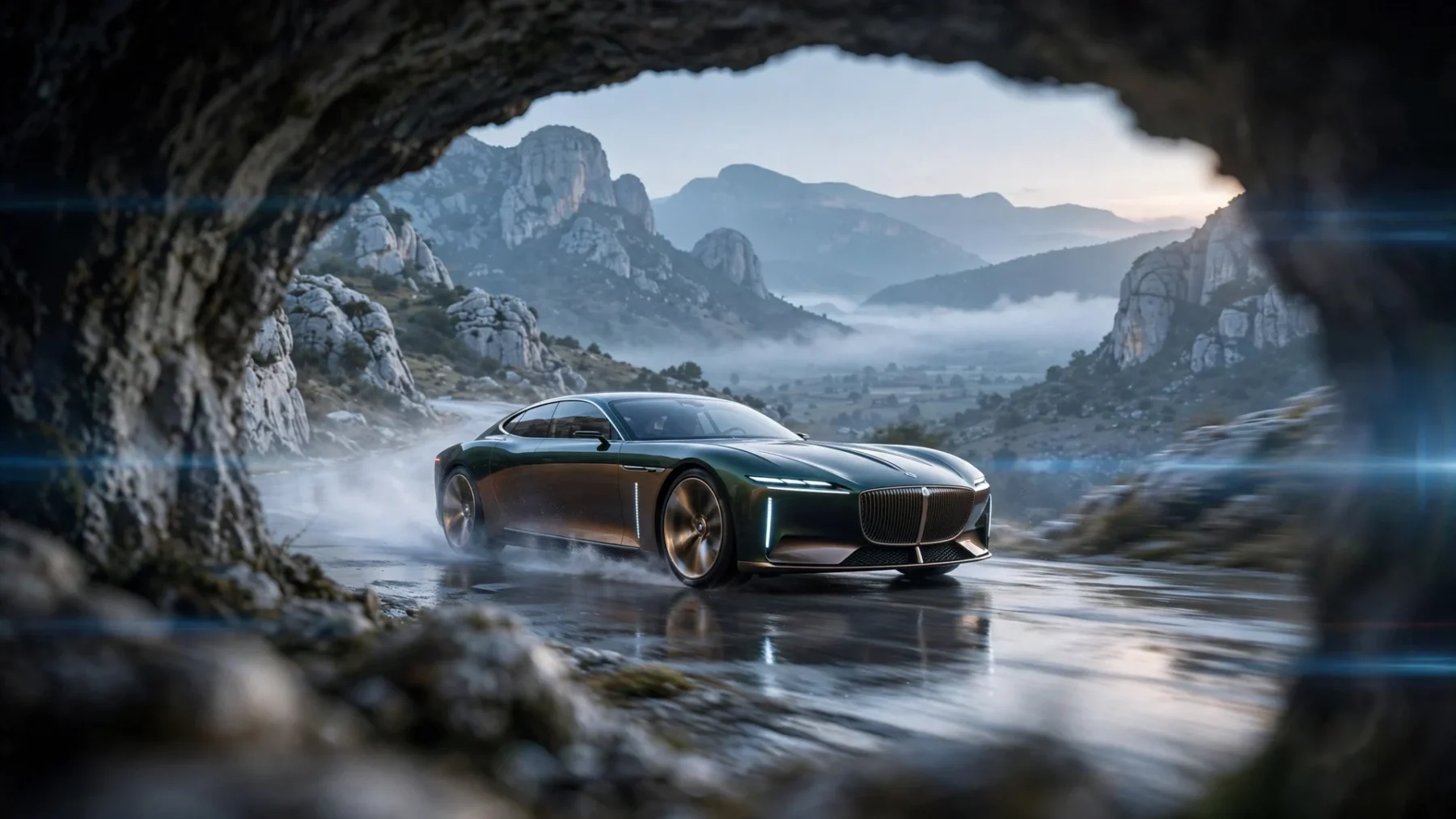 Bentley Torcal First Edition eléctrico verde cruza un puerto de montaña al amanecer, visto desde un túnel