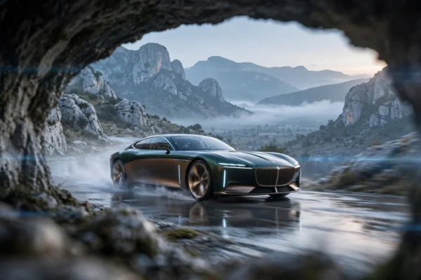 Bentley Torcal First Edition eléctrico verde cruza un puerto de montaña al amanecer, visto desde un túnel
