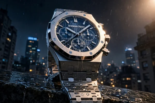 Reloj Audemars Piguet Royal Oak de acero sobre una terraza de Buenos Aires de noche, iluminado por un foco