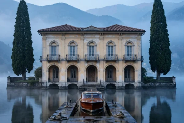 Fachada simétrica de una villa histórica convertida en hotel de lujo junto al lago Como al amanecer