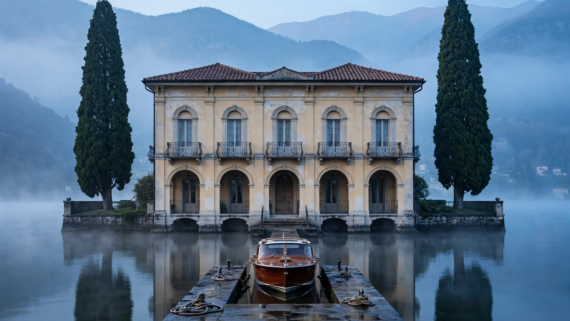 Fachada simétrica de una villa histórica convertida en hotel de lujo junto al lago Como al amanecer