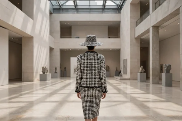 Mujer de espaldas con conjunto Chanel blanco y negro en un atrio de museo