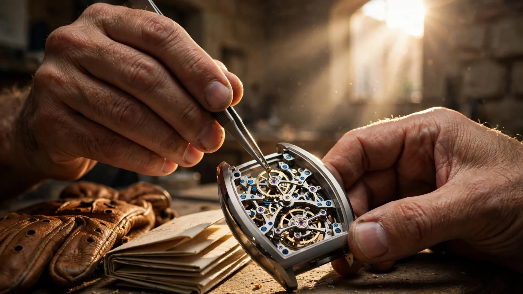 Manos de relojero ajustando un tourbillon esqueleto en un taller de Palma, junto a un roadbook de rally