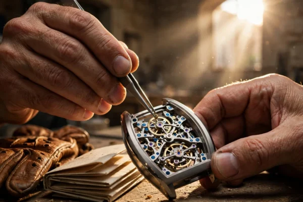 Manos de relojero ajustando un tourbillon esqueleto en un taller de Palma, junto a un roadbook de rally