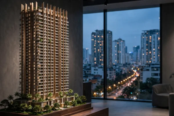 Maqueta de una torre residencial de lujo en una galería de Hanói al anochecer