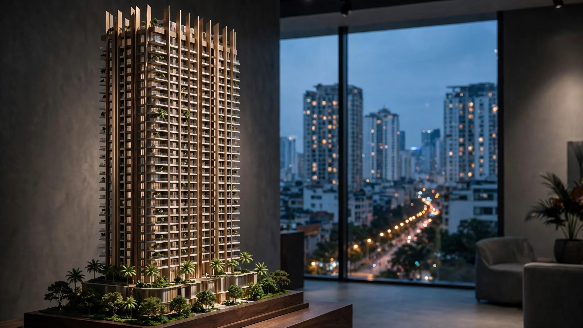 Maqueta de una torre residencial de lujo en una galería de Hanói al anochecer