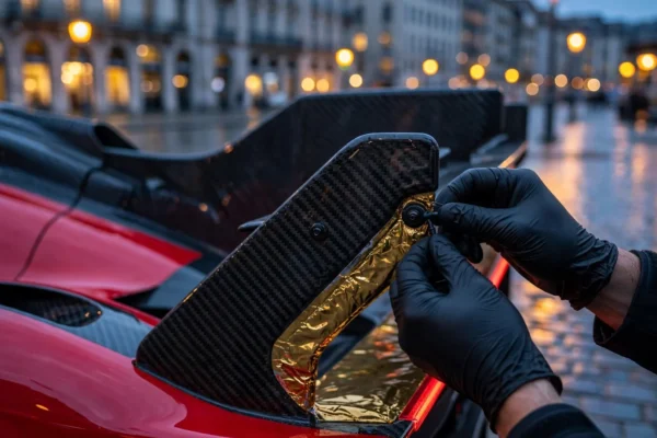 Guantes negros ajustan el alerón de carbono del Ferrari 499P Modificata en una calle de Ginebra al anochecer