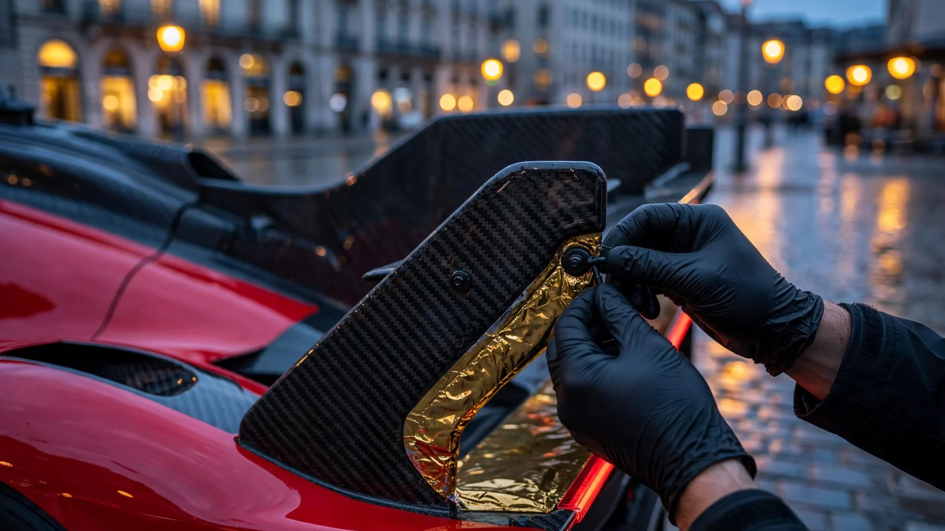 Guantes negros ajustan el alerón de carbono del Ferrari 499P Modificata en una calle de Ginebra al anochecer