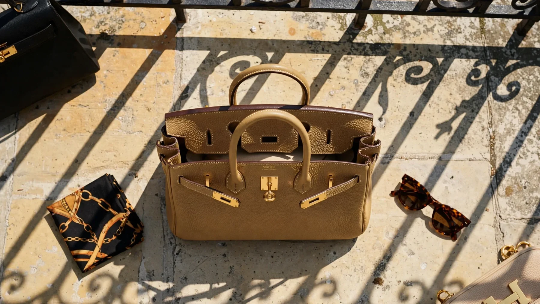 Bolso Hermès Birkin de piel togo dorada en una terraza de piedra caliza al mediodía, con sombras duras