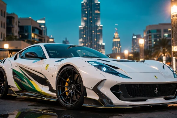 Ferrari 812 Superfast de la Policía de Dubái, blanco con franjas verdes y amarillas, en una avenida al anochecer