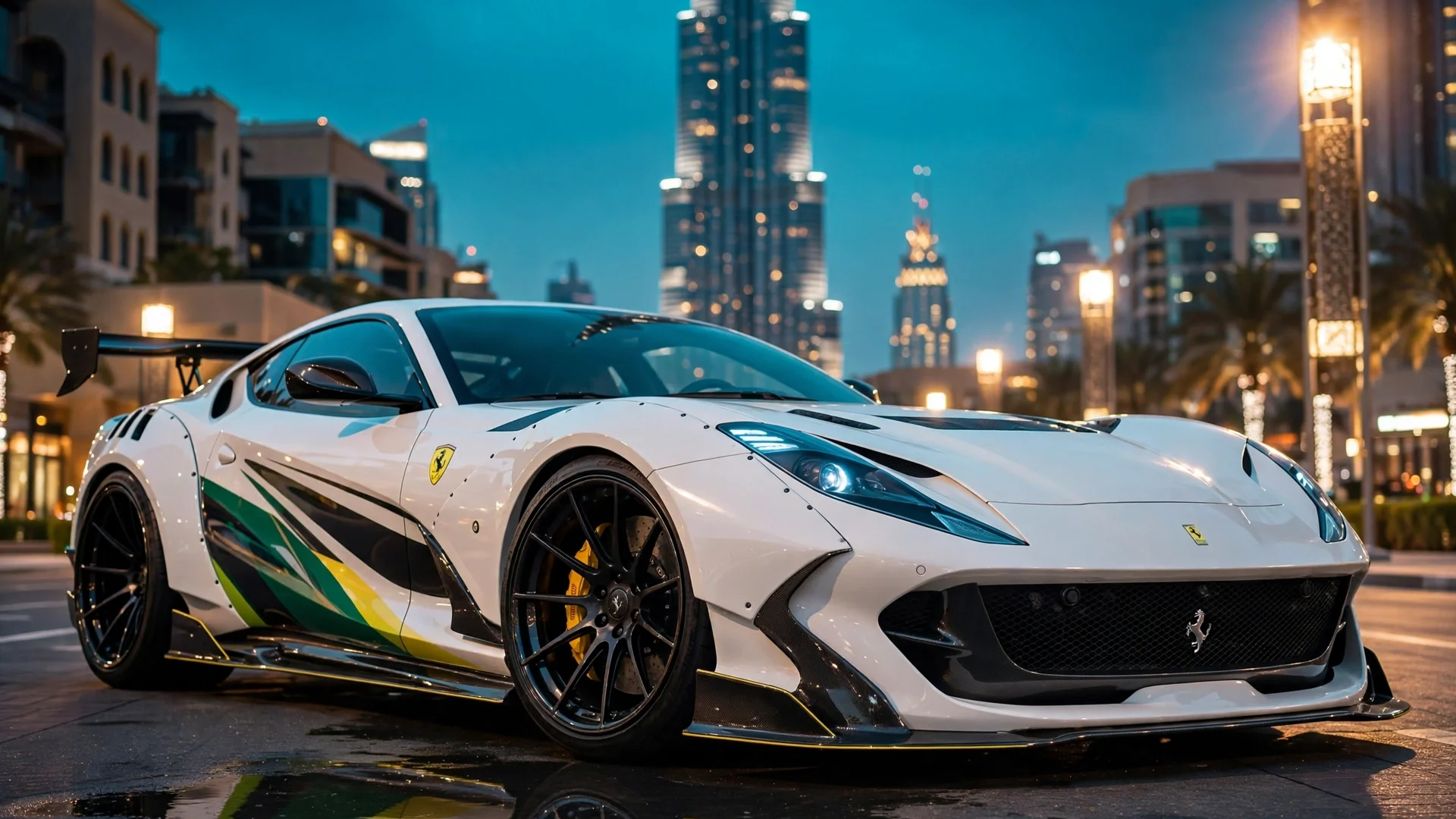 Ferrari 812 Superfast de la Policía de Dubái, blanco con franjas verdes y amarillas, en una avenida al anochecer