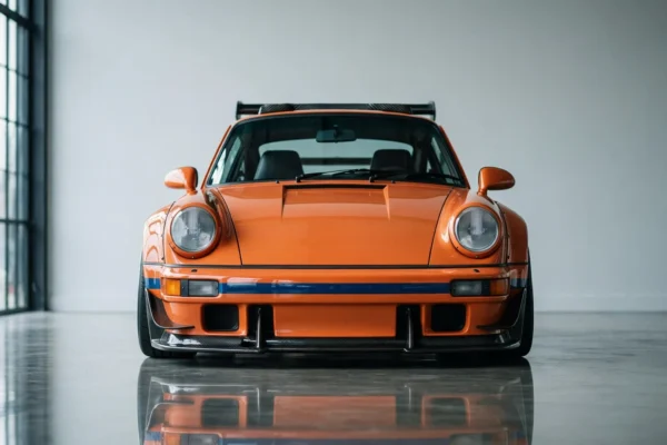 Porsche 911 de Singer en azafrán y azul, de frente en una nave de hormigón junto a una gran ventana
