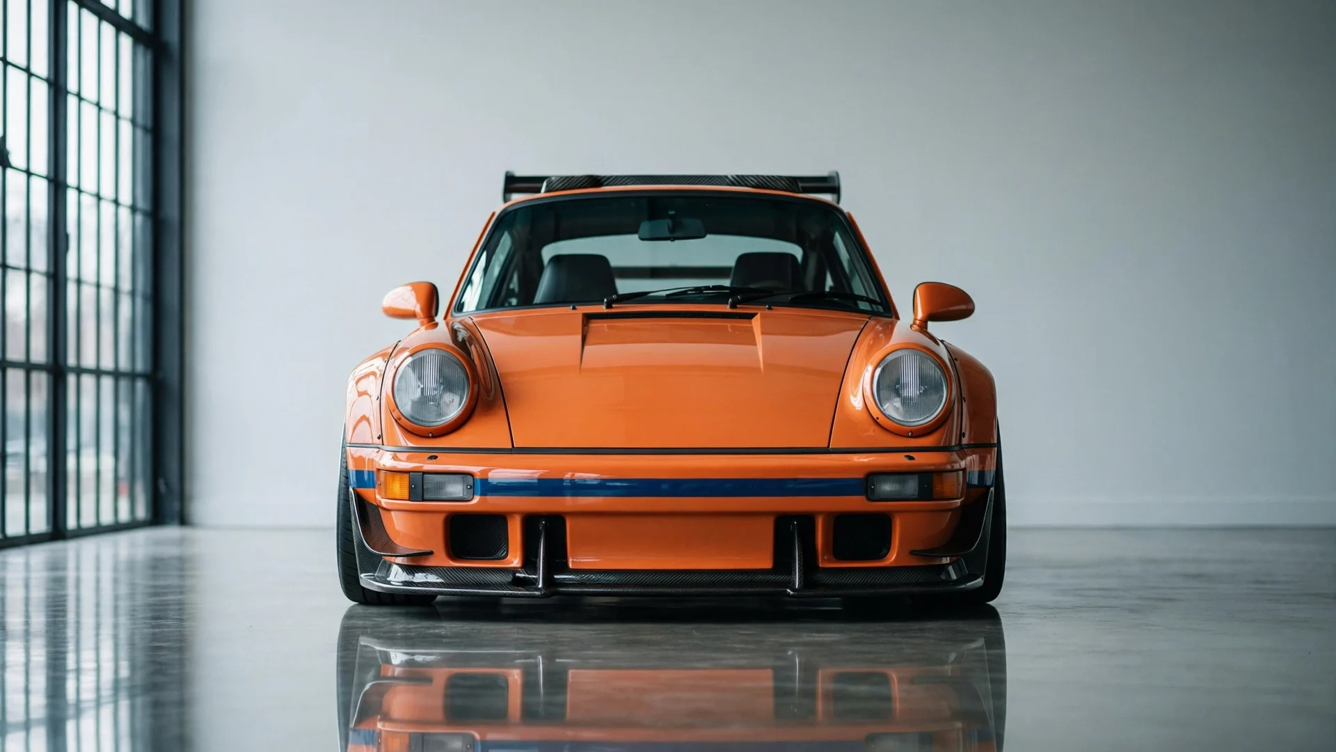 Porsche 911 de Singer en azafrán y azul, de frente en una nave de hormigón junto a una gran ventana
