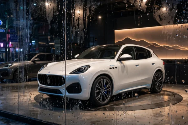 SUV Maserati Grecale Cristallo blanco perla expuesto de noche en un garaje de Seúl, visto tras un cristal con lluvia