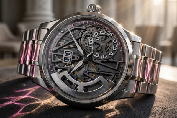 Macro del Maurice Lacroix Master Grand Date Retrograde 1975 con esfera de zafiro y escala rosa