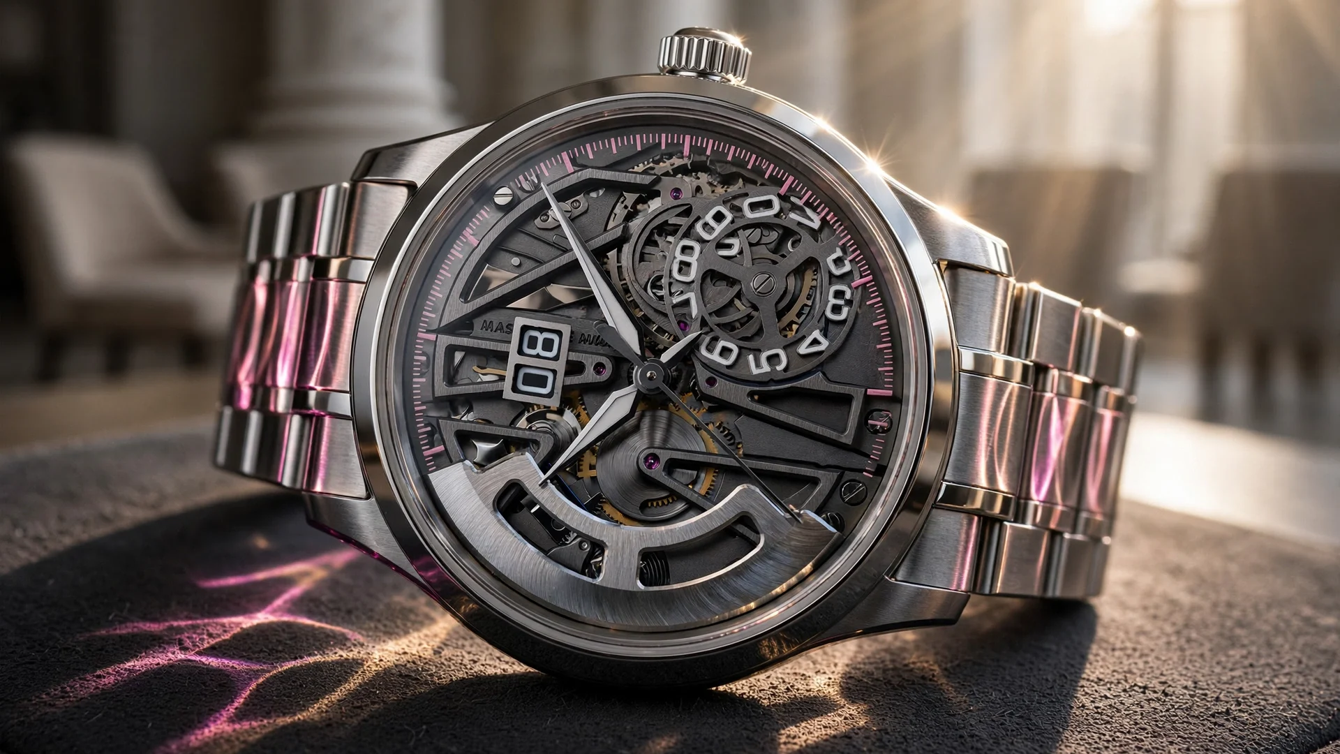 Macro del Maurice Lacroix Master Grand Date Retrograde 1975 con esfera de zafiro y escala rosa