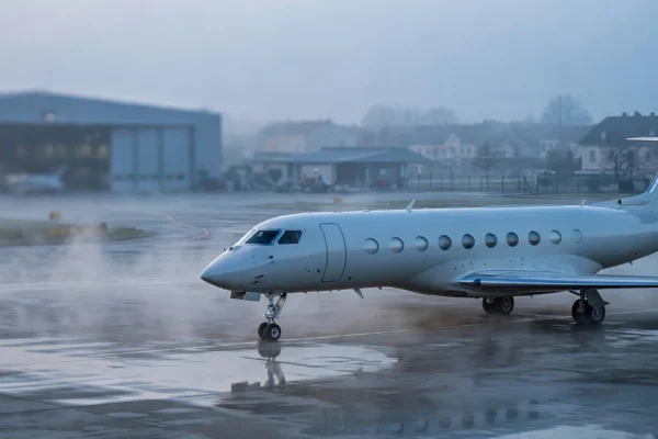 Jet privado Gulfstream G700 en la plataforma de un aeropuerto al amanecer, luz fría