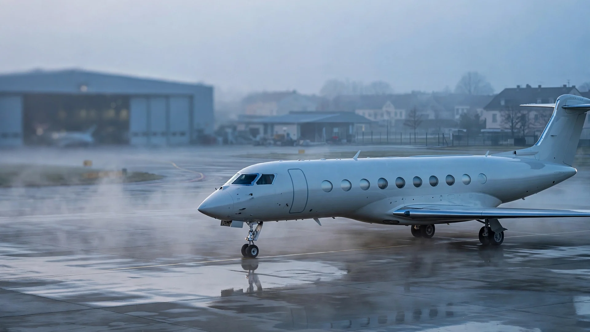 Jet privado Gulfstream G700 en la plataforma de un aeropuerto al amanecer, luz fría