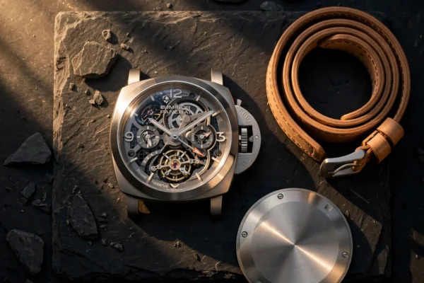 Reloj Panerai Luminor Tourbillon de titanio visto desde arriba sobre pizarra oscura con luz dorada