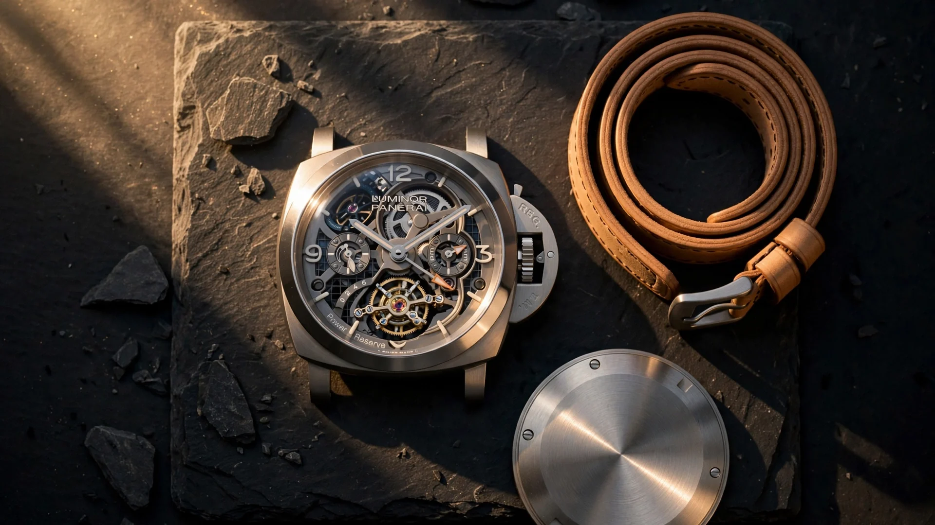 Reloj Panerai Luminor Tourbillon de titanio visto desde arriba sobre pizarra oscura con luz dorada