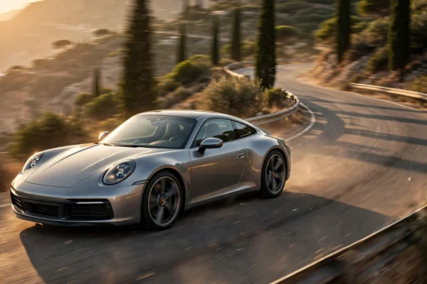Deportivo Porsche plateado en una curva de montaña al atardecer, luz dorada y asfalto desenfocado