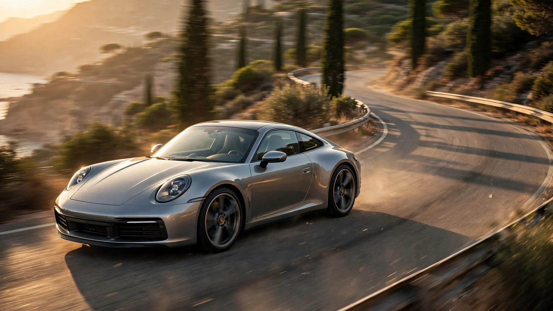 Deportivo Porsche plateado en una curva de montaña al atardecer, luz dorada y asfalto desenfocado