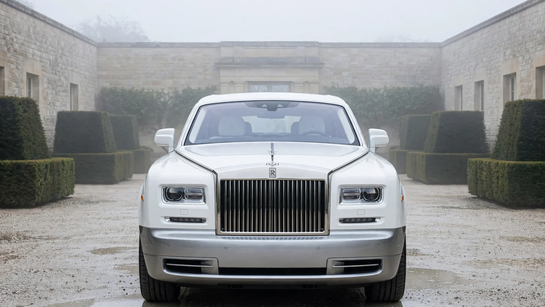 Rolls-Royce Phantom blanco de frente en un patio de piedra caliza bajo luz nublada