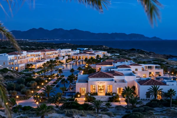 Complejo hotelero de lujo iluminado al anochecer junto al mar en Marbella, con piscinas y palmeras