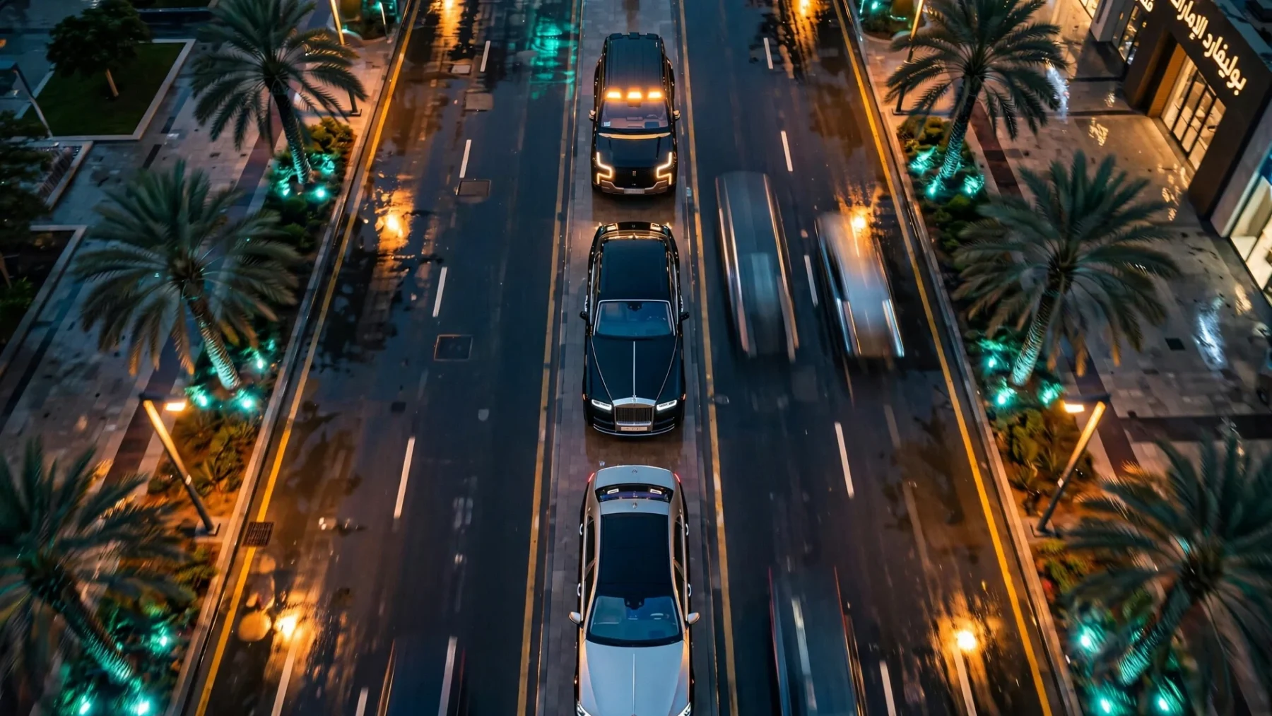Vista cenital nocturna: el Yangwang HU guía a un Rolls-Royce Phantom y un Maybach S-Class por una avenida