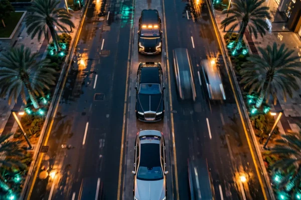 Vista cenital nocturna: el Yangwang HU guía a un Rolls-Royce Phantom y un Maybach S-Class por una avenida