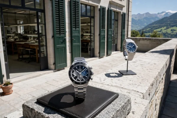 Cronógrafo Zenith Chronomaster Sport sobre pedestal de granito en terraza soleada de Le Locle, con Defy Skyline al fondo