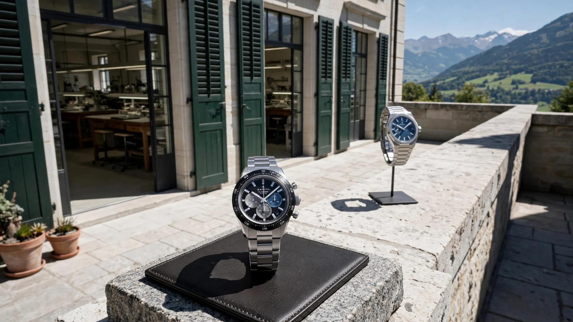 Cronógrafo Zenith Chronomaster Sport sobre pedestal de granito en terraza soleada de Le Locle, con Defy Skyline al fondo